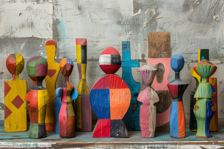 Diverse and vibrant abstract wooden sculptures displaying colorful and intricate figures