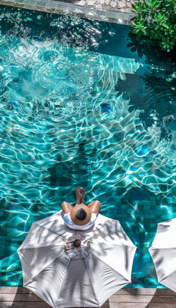 Young man relaxing in luxurious resort pool for ultimate leisure and tranquilityの写真素材