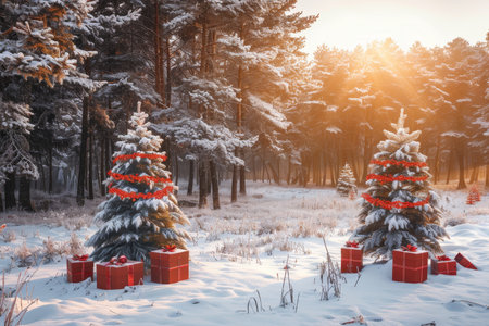 Festive christmas trees with red garlands in snowy forest at sunrise by red gift boxesの写真素材
