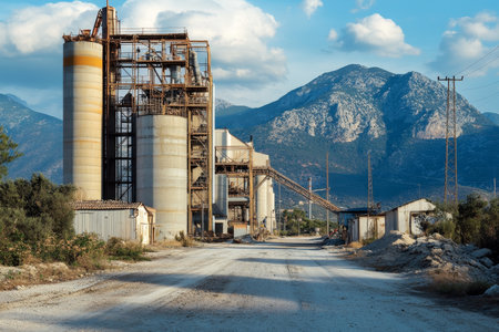 Industrial photography of cement factory operations and transportation to construction sitesの写真素材