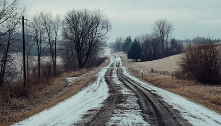 Scenic winter photography a serene rural road surrounded by leafless trees in a snowy landscapeの写真素材