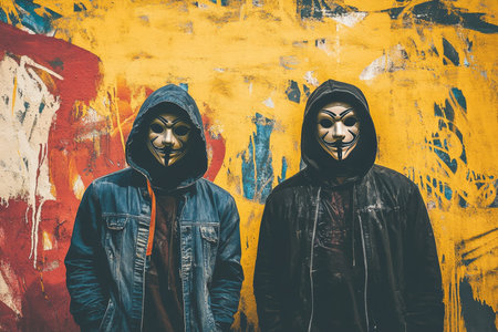 Urban street art vibes two figures in hoodies and masks against vibrant graffiti backdrop