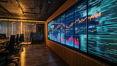 Stock market growth analysis on digital screens in a corporate office environmentの写真素材