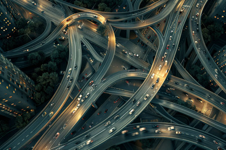 Aerial view of multilevel ring road interchange with traffic flowing, enhanced by ai