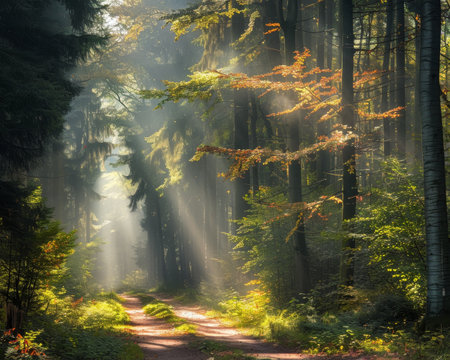 Sunlit forest path featuring lush trees and sun reflections captured in high quality imageの写真素材