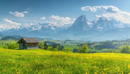Sunny alpine landscape idyllic springtime view of blooming meadows in the alps for nature loversの写真素材