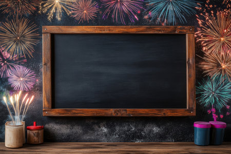 Vibrant new year fireworks bursting in the sky against a dark background with blank space aboveの写真素材