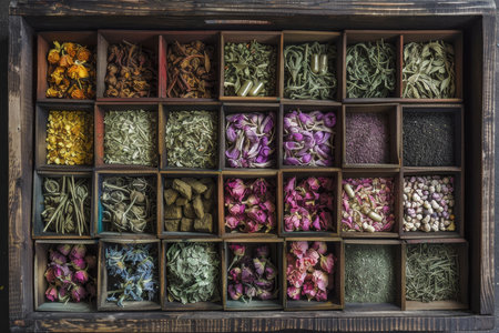 Assorted herbal medicines in box for alternative health care and wellness practicesの写真素材