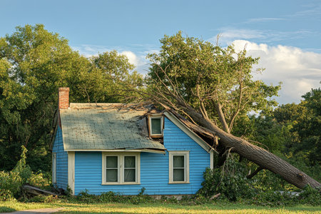 Hurricane aftermath a fallen tree cripples the roof of a blue house, causing major damageの写真素材