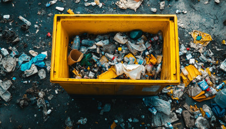 Overflowing yellow trash bin with scattered waste, highlighting environmental pollution issuesの写真素材