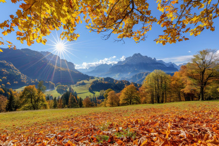 Sunny autumn panorama of rural idyll enchanting landscape on a bright day in the countrysideの写真素材