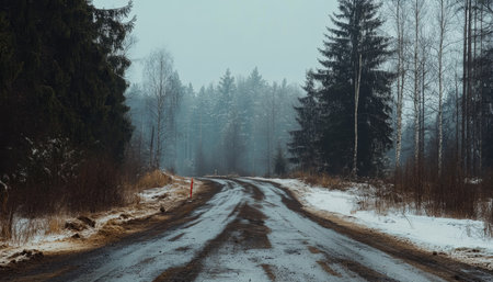 Charming winter scene featuring a tranquil rural road lined with bare trees in a snowy landscape.の写真素材