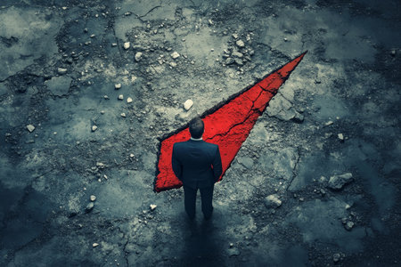 Businessman in despair a somber reflection on decline with a red arrow piercing concreteの写真素材