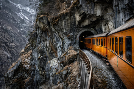 Train passing through stgotthard tunnel in swiss alps, emerging after 15km past bridge
