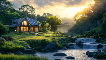 Serene landscape with a cozy house, lush trees, flowing stream, and eco friendly energy featuresの写真素材