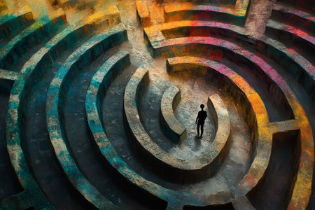 Surreal photography of a person navigating an intricate labyrinth with ethereal colors and detailsの写真素材