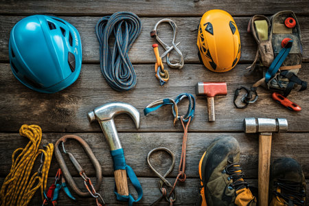 Climbing gear arrangement helmet, hammer, carabiner, trekking shoes on wooden surfaceの写真素材
