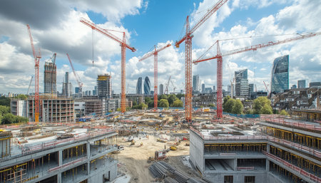 Vibrant construction site featuring numerous tower cranes against a clear blue skyの写真素材