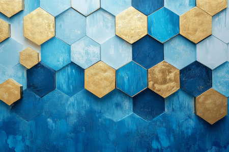 Geometric hexagon abstraction on blue background with gold accents for mural and wallpaper design
