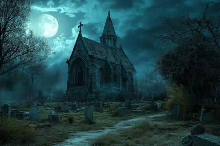 Haunting halloween graveyard scene at moonlight featuring a distorted church of reassembled partsの写真素材