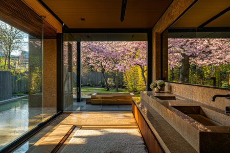 Stunning japanese modern villa featuring spacious onsen bathroom surrounded by sakura treesの写真素材
