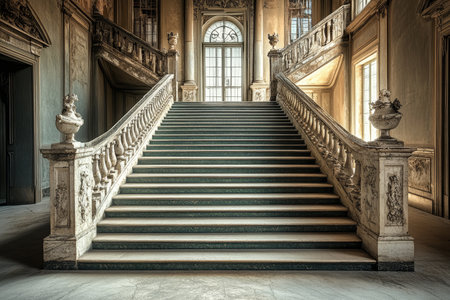 Elegant interior of a historic Italian palace featuring a grand marble staircase and lush greeneryの写真素材