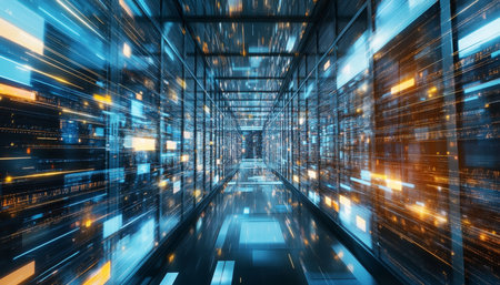 Futuristic data center showcasing enhanced connectivity and digital information flow in technologyの写真素材