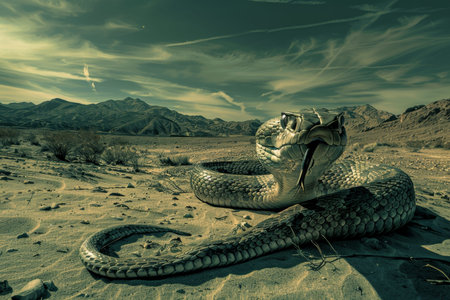 Menacing serpent in expansive desert wilderness, ready to strike with its dangerous presence