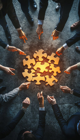 Collaborative business team meeting concept highlighting unity and teamwork through jigsaw puzzleの写真素材