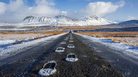 Capturing the trail of boot prints leading into the distance on a scenic country roadの写真素材