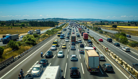 Heavy traffic on a10 highway to bordeaux in france on a hot summer day, diverse vehicles in motionの写真素材