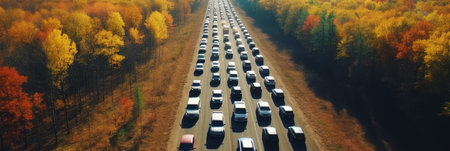 Urban landscape. aerial view of busy metropolis traffic with many cars driving on road