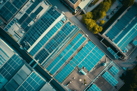 Sustainable energy aerial view of blue solar panels generating green power on industrial rooftopの写真素材