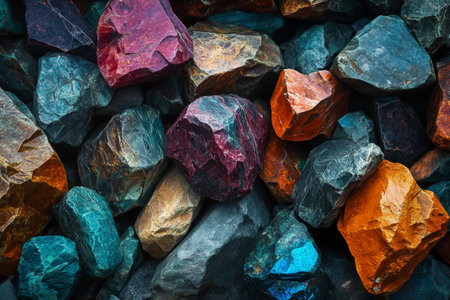 Dynamic abstract composition of multicolored minerals and cobblestones colliding in spaceの写真素材