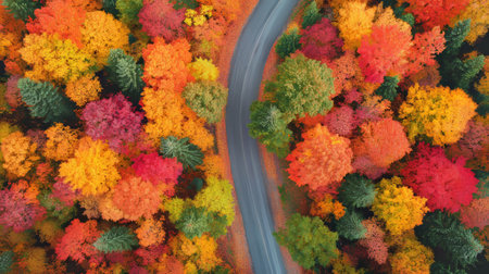 Aerial photography of a road surrounded by vibrant autumn foliage and scenic natureの写真素材