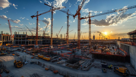 Dynamic construction scene featuring numerous tower cranes against the urban skyline
