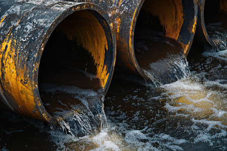 Visual composition of sewage pollution contaminated water flowing from a pipe with impurities