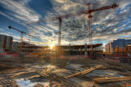 High quality image of a dynamic construction site featuring multiple cranes in actionの写真素材