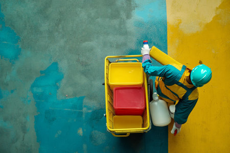 Top view of a uniformed cleaner transporting supplies in a panoramic photography shotの写真素材