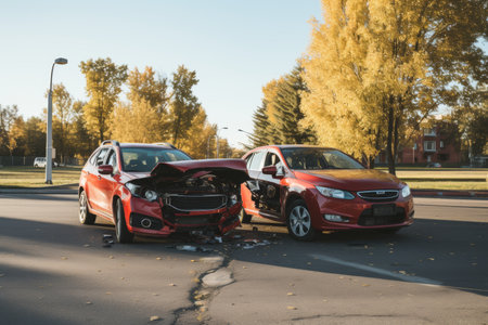 Two cars damaged in head-on collision on street on sunny day, car accident caused damageの写真素材