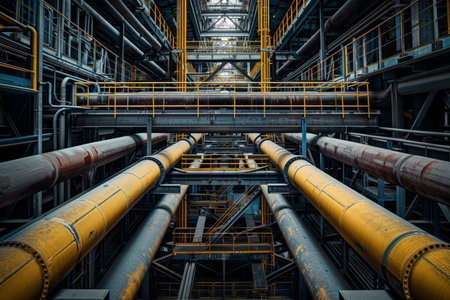 Detailed view of pipeline and structural support in petrochemical manufacturing facility