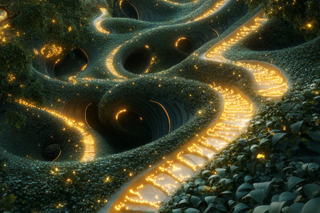 Surreal 3d fractal landscape with intricate organic structures and illuminated lush pathwaysの写真素材