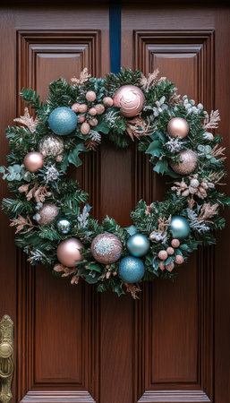 Cheerful holiday atmosphere a festive wreath with pastel decorations on a wooden doorの写真素材