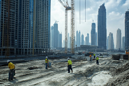 Laborers engaged in construction activities at a modern site in dubai reflecting rapid urban growthの写真素材