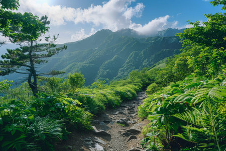 Scenic mountain summit clear sky, verdant trail, refreshing trees, lush greenery