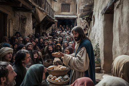 Jesus distributes bread to a crowd in a historical village setting during a gatheringの写真素材