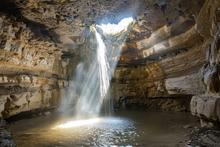 Sunlit cave waterfall crystal clear underground river cascading on a bright day