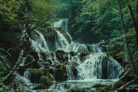 Tranquil waterfalls surrounded by the peaceful beauty of a lush forest environmentの写真素材