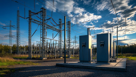 Electric power substation with transformers and high voltage equipment for energy distributionの写真素材