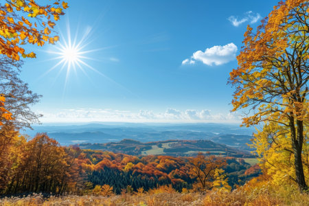 Sunny autumn landscape charming rural idyllic panorama captured on a beautiful sunny day in fallの写真素材